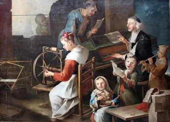 Scène domestique avec musiciens et fileuse